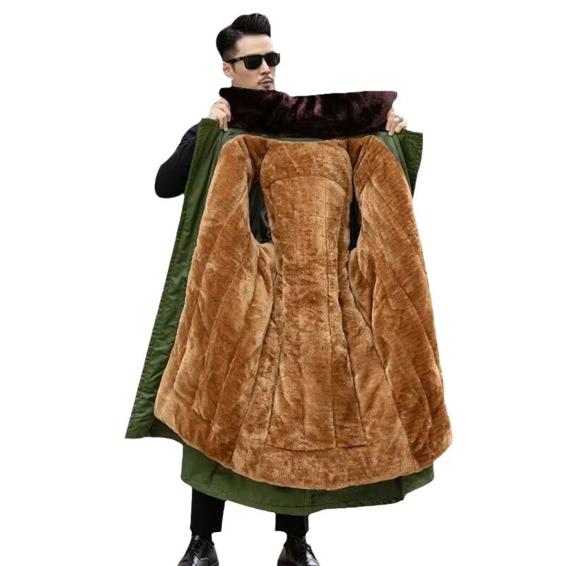 Ilgas medvilnės mišinio paltas su aksominiu pamušalu, dvigubu užsegimu