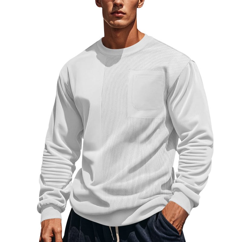 Muški casual sweatshirt s corduroy patchom i jacquard teksturom, okrugli vrat, dugi rukavi, udoban kroj, poliester smjesa