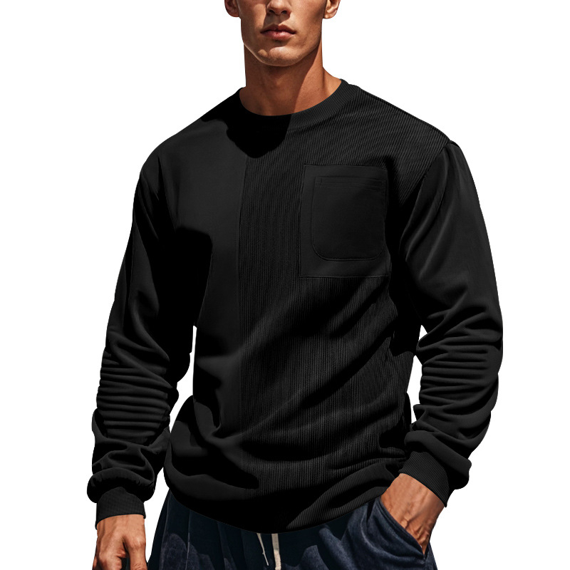 Muški casual sweatshirt s corduroy patchom i jacquard teksturom, okrugli vrat, dugi rukavi, udoban kroj, poliester smjesa