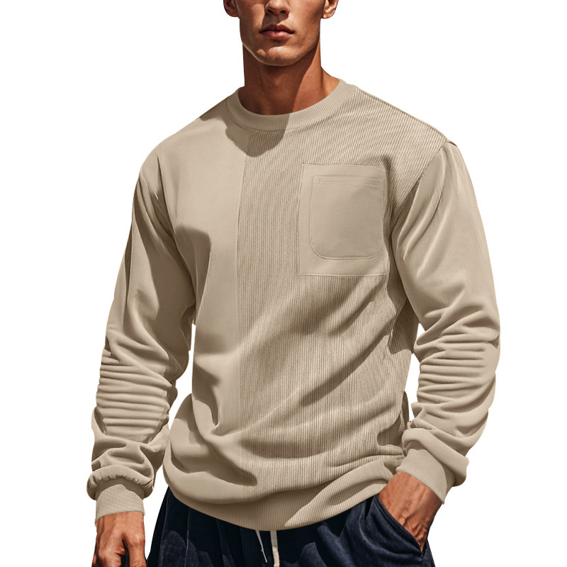 Muški casual sweatshirt s corduroy patchom i jacquard teksturom, okrugli vrat, dugi rukavi, udoban kroj, poliester smjesa
