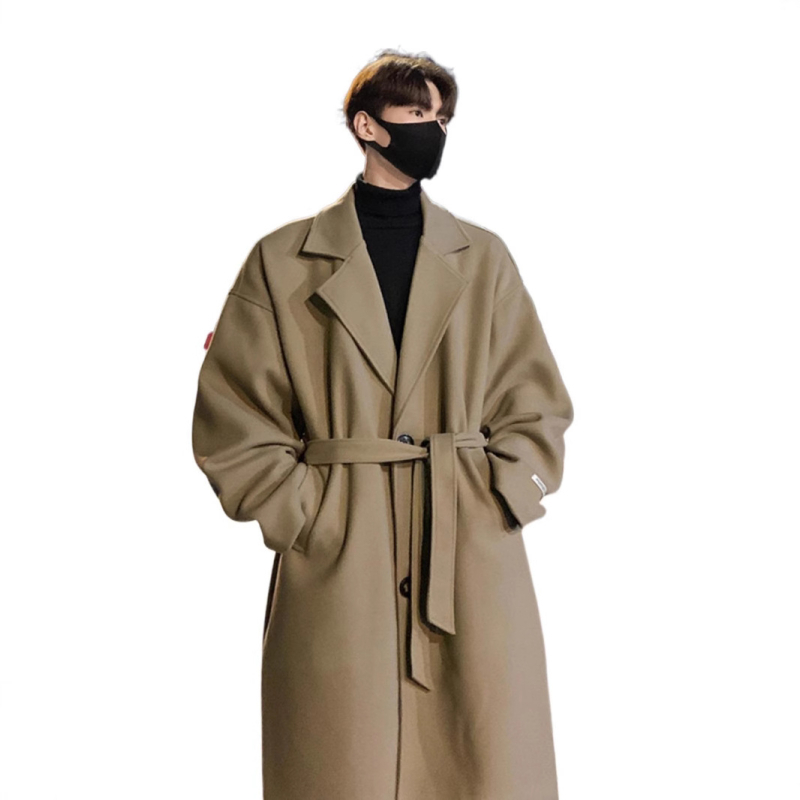 Corduroy vyriškas paltas, laisvas kirpimo, vienbordi užsegimas, diržas, vidutinio ilgio, žieminis.