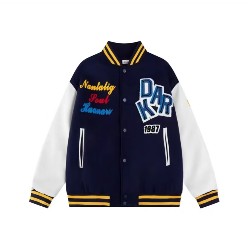 Unisex baseball jakna s izvezenim slovima u flok-u, prednji zip, mješavina poliestera