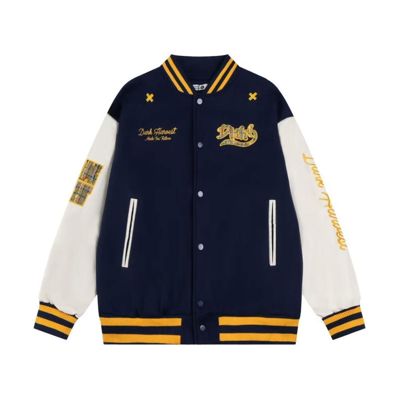 Unisex baseball jakna s izvezenim slovima u flok-u, prednji zip, mješavina poliestera