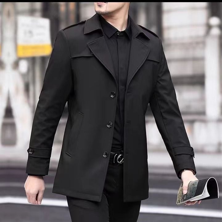 Vyrų vidutinio ilgio paltas, biuro stiliaus, kostiumo apykaklė, vieno mygtuko užsegimas, reversinis