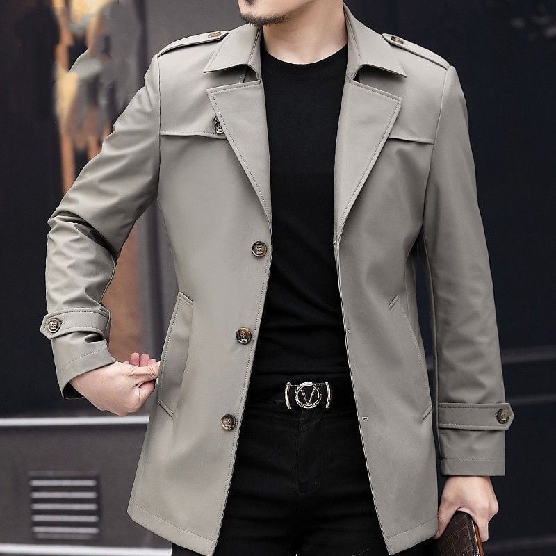 Vyrų vidutinio ilgio paltas, biuro stiliaus, kostiumo apykaklė, vieno mygtuko užsegimas, reversinis