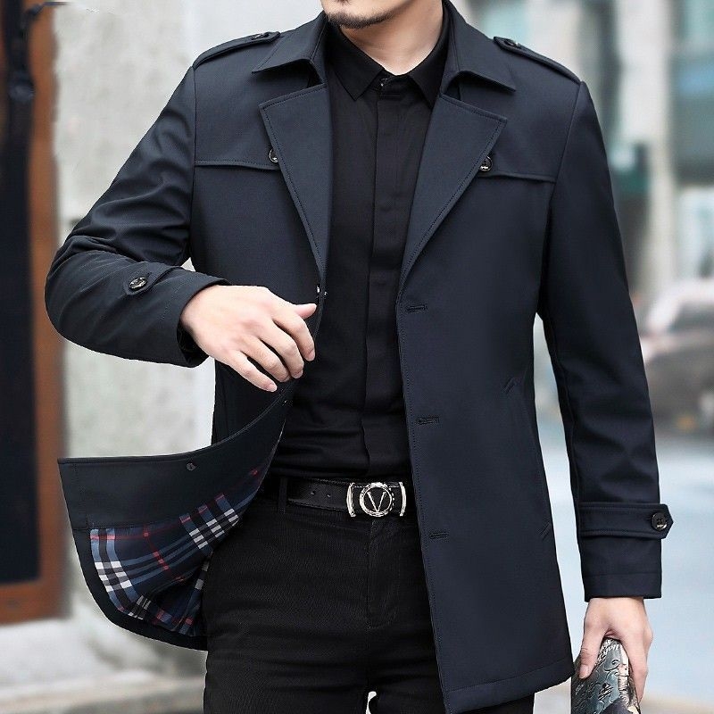 Vyrų vidutinio ilgio paltas, biuro stiliaus, kostiumo apykaklė, vieno mygtuko užsegimas, reversinis