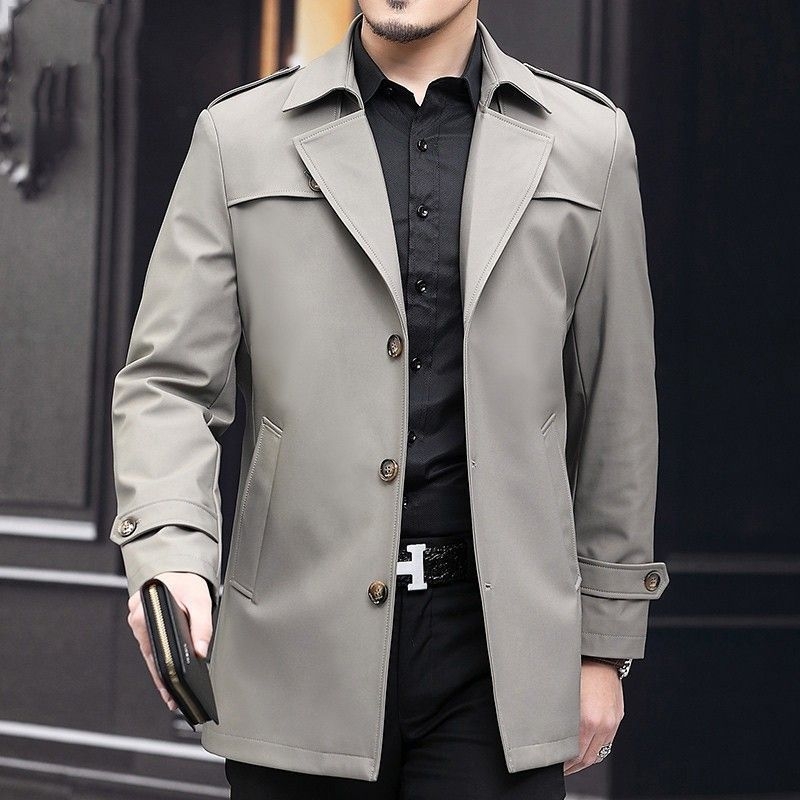Vyrų vidutinio ilgio paltas, biuro stiliaus, kostiumo apykaklė, vieno mygtuko užsegimas, reversinis
