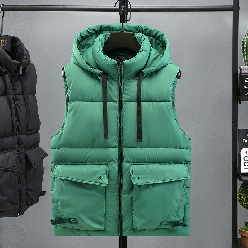 Vyrų be rankovių medvilninė pūkuota liemenė su storesniu užpildymu, korėjietiško stiliaus laisvas kirpimas, poliesterio mišinio audinys