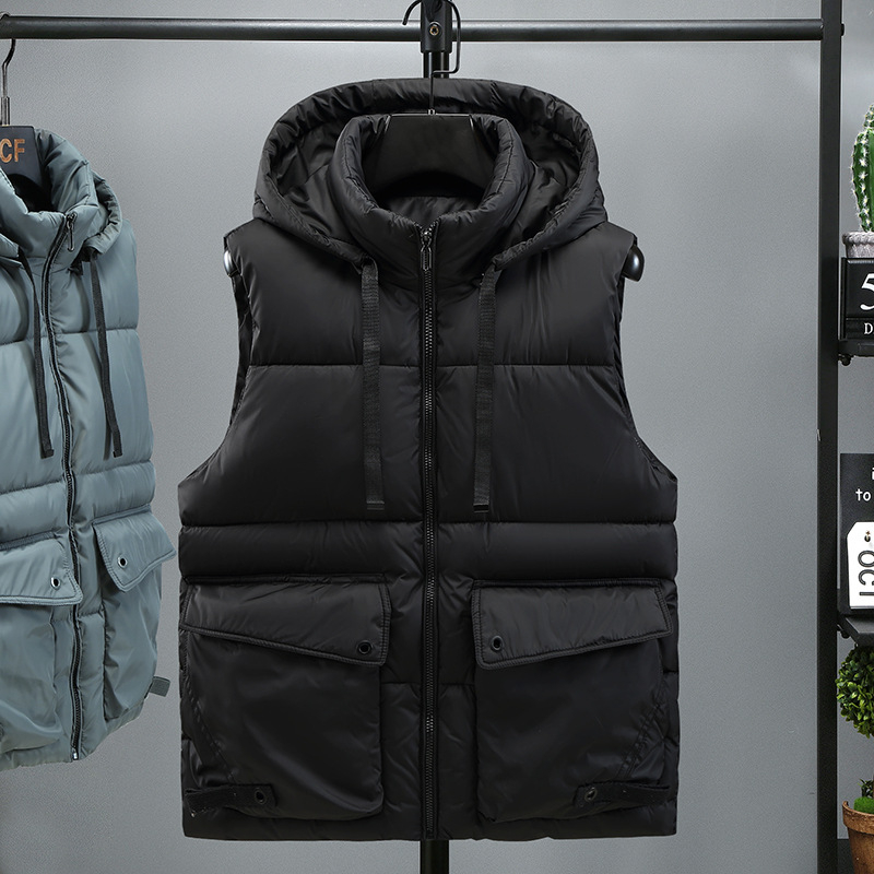 Vyrų be rankovių medvilninė pūkuota liemenė su storesniu užpildymu, korėjietiško stiliaus laisvas kirpimas, poliesterio mišinio audinys