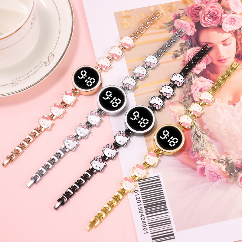 Ρολόι LED με οθόνη αφής σε στυλ Hello Kitty, κάσα και λουράκι από κράμα, ψηφιακή οθόνη, διάμετρος καντράν 24,6 mm