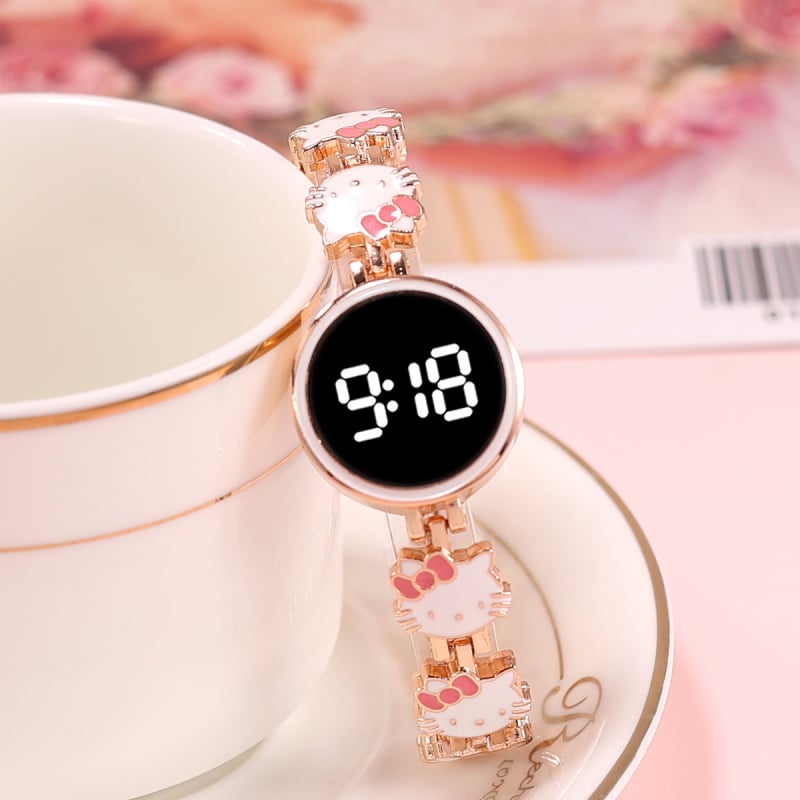 Ρολόι LED με οθόνη αφής σε στυλ Hello Kitty, κάσα και λουράκι από κράμα, ψηφιακή οθόνη, διάμετρος καντράν 24,6 mm