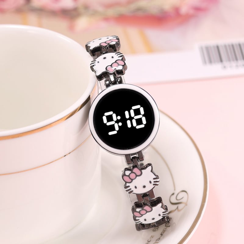 Ρολόι LED με οθόνη αφής σε στυλ Hello Kitty, κάσα και λουράκι από κράμα, ψηφιακή οθόνη, διάμετρος καντράν 24,6 mm