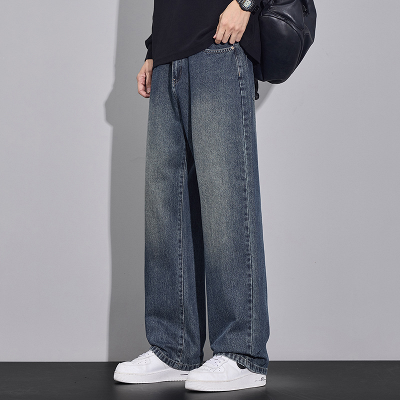 Muške traperice ravnih krojeva - srednji pojas, zip, pamuk-denim mješavina