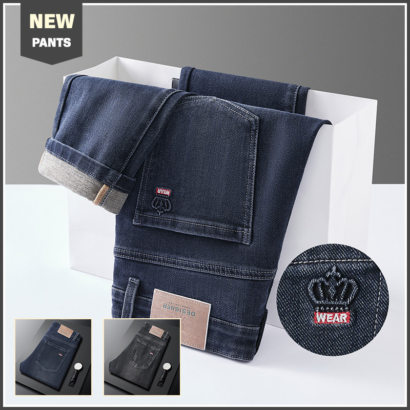 Férfi farmernadrág fleece-bélés, pamut-polyészter keverék, egyenes szabás, középmagas derekú, zipzár