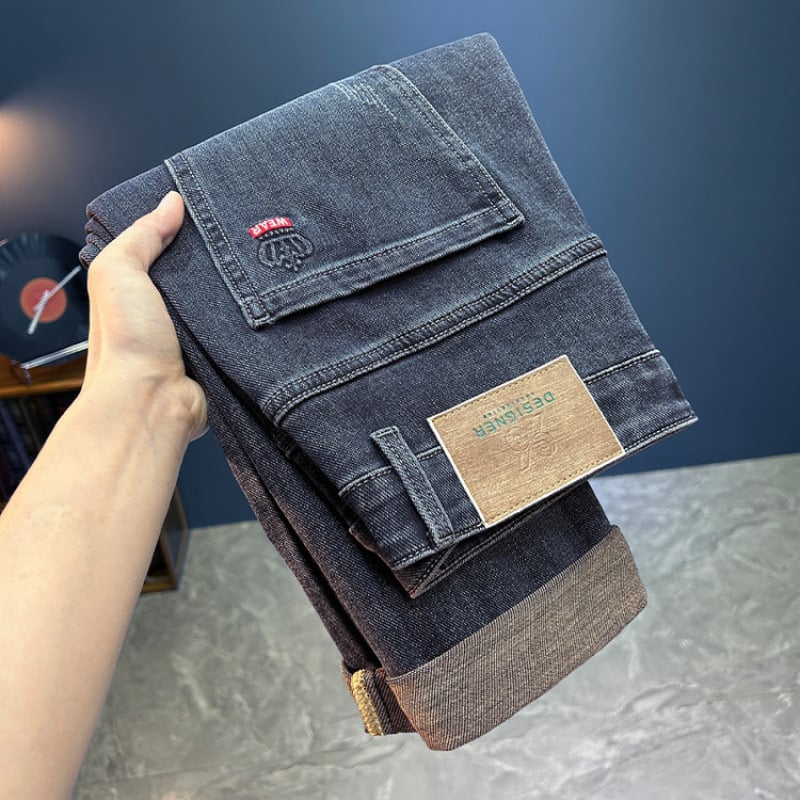 Férfi farmernadrág fleece-bélés, pamut-polyészter keverék, egyenes szabás, középmagas derekú, zipzár