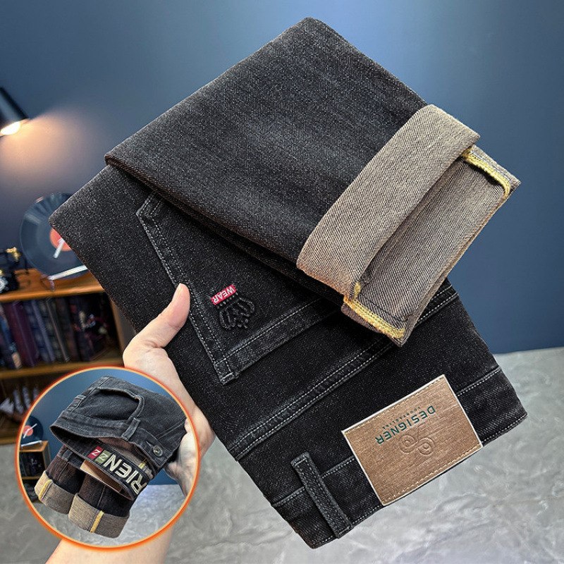 Férfi farmernadrág fleece-bélés, pamut-polyészter keverék, egyenes szabás, középmagas derekú, zipzár