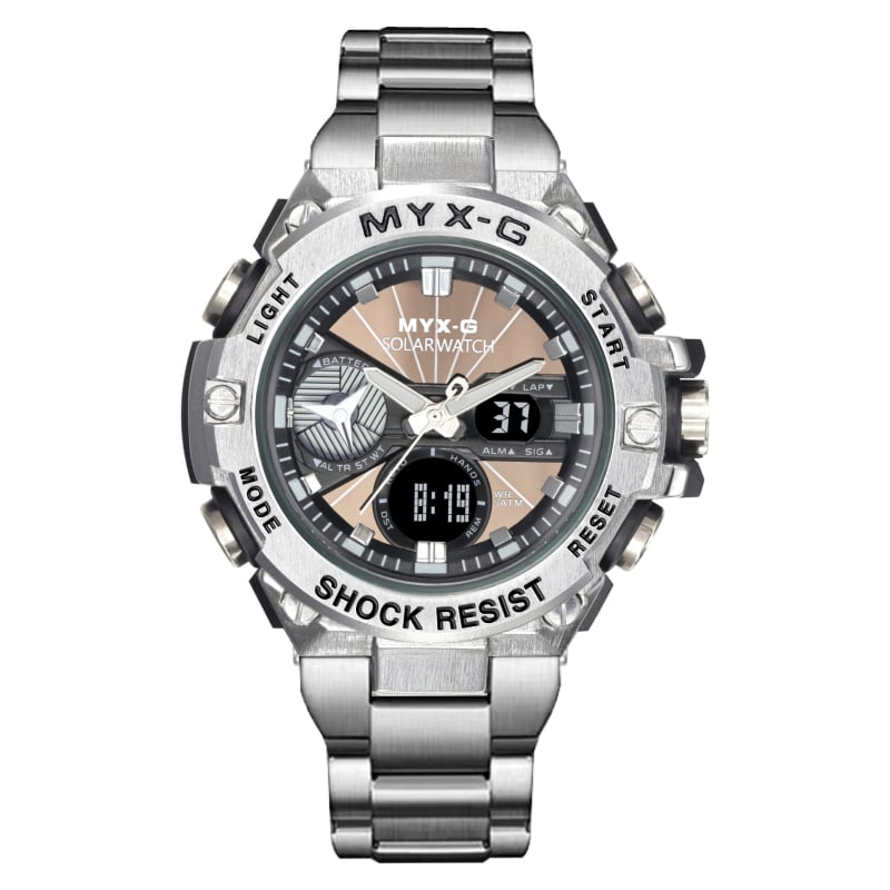 Vyriskas saulės energijos elektroninis laikrodis, atsparus vandeniui iki 50 m, 53 mm ciferblatas, pasaulio laikas, nerūdijančio plieno dirželis