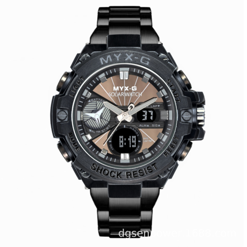 Vyriskas saulės energijos elektroninis laikrodis, atsparus vandeniui iki 50 m, 53 mm ciferblatas, pasaulio laikas, nerūdijančio plieno dirželis