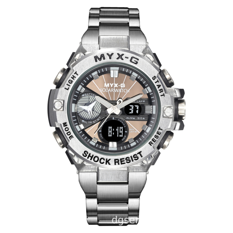 Vyriskas saulės energijos elektroninis laikrodis, atsparus vandeniui iki 50 m, 53 mm ciferblatas, pasaulio laikas, nerūdijančio plieno dirželis