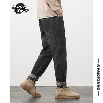 Laza férfi farmernadrág, középmagas derekú, pamut farmerranyagból, egyenes szárú, streetwear-stílus, homokos mosott felület