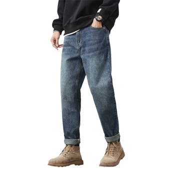 Laza férfi farmernadrág, középmagas derekú, pamut farmerranyagból, egyenes szárú, streetwear-stílus, homokos mosott felület