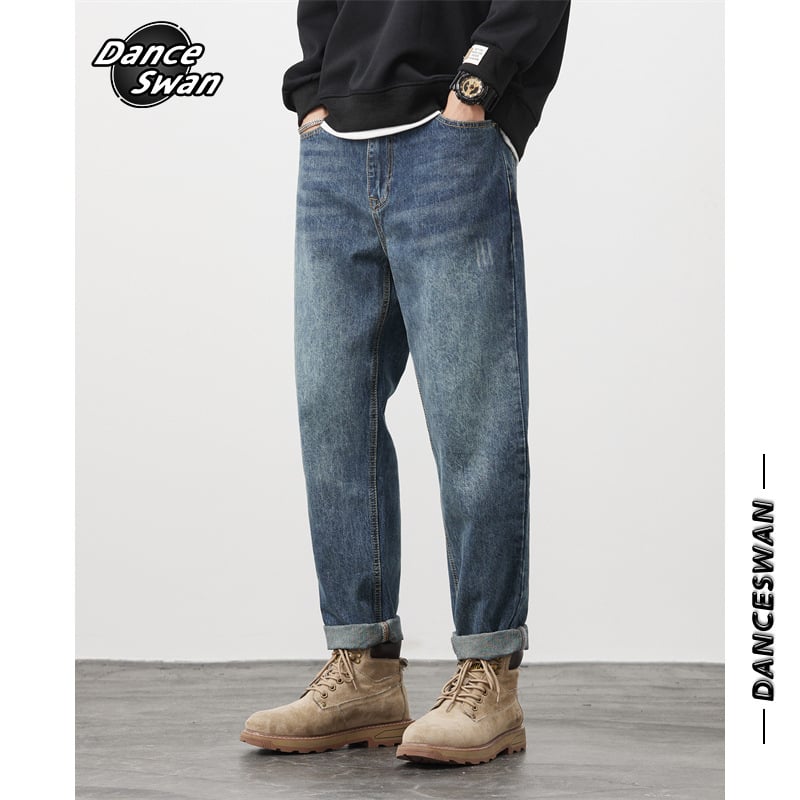 Laza férfi farmernadrág, középmagas derekú, pamut farmerranyagból, egyenes szárú, streetwear-stílus, homokos mosott felület