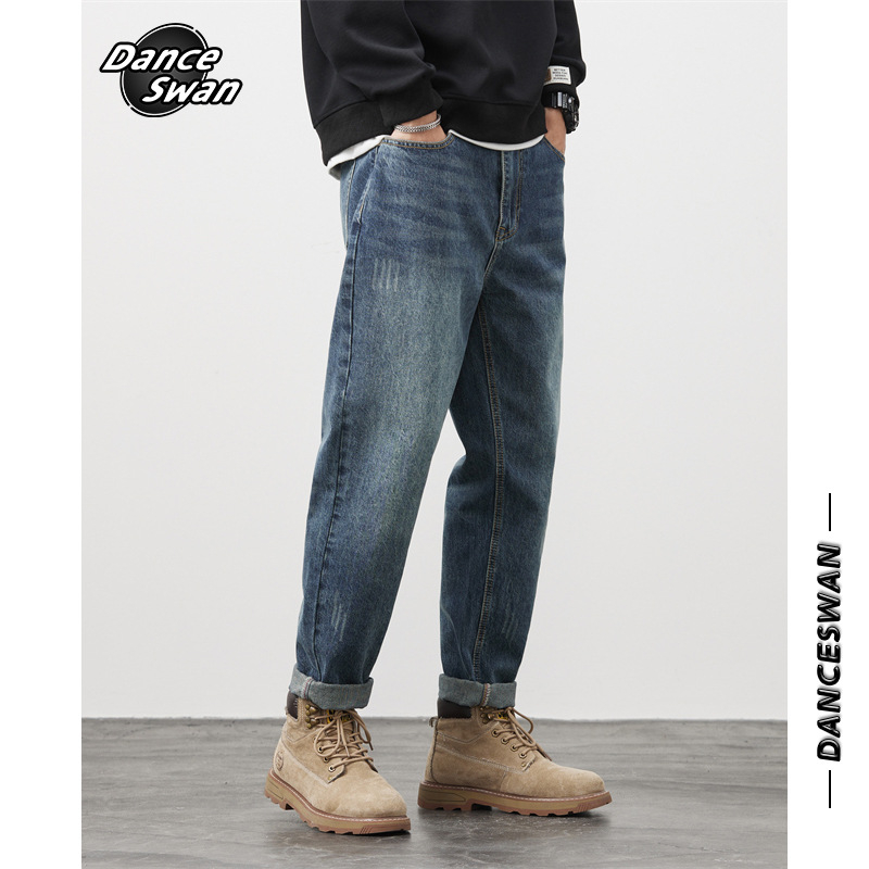 Laza férfi farmernadrág, középmagas derekú, pamut farmerranyagból, egyenes szárú, streetwear-stílus, homokos mosott felület