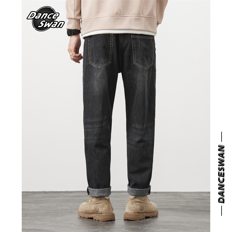 Laza férfi farmernadrág, középmagas derekú, pamut farmerranyagból, egyenes szárú, streetwear-stílus, homokos mosott felület