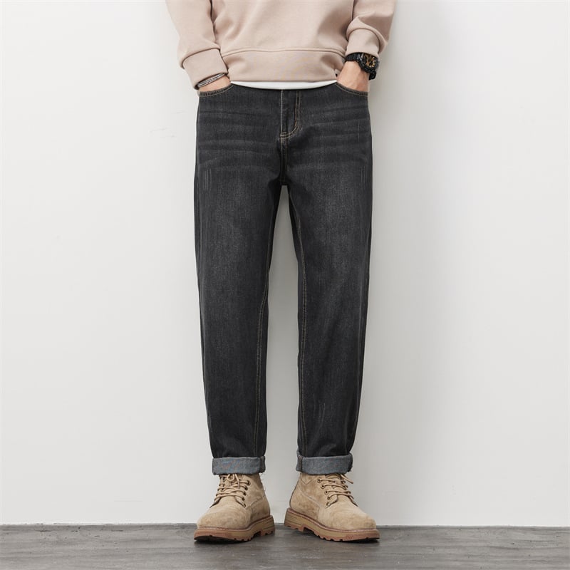 Laza férfi farmernadrág, középmagas derekú, pamut farmerranyagból, egyenes szárú, streetwear-stílus, homokos mosott felület