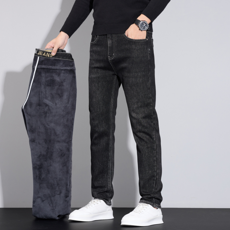 Muške traperice ravnog kroja, fleece‑lined za zimu, pamukova smjesa, zatvarač, mikroelastični