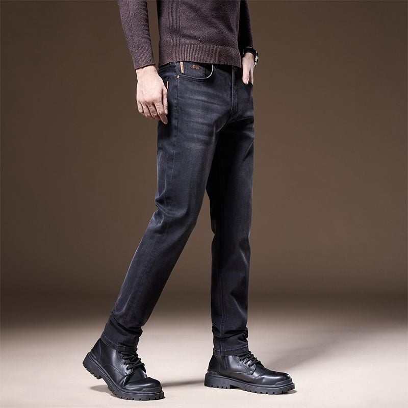 Férfi farmer, egyenes szár, magas derék, elasztikus, mosott