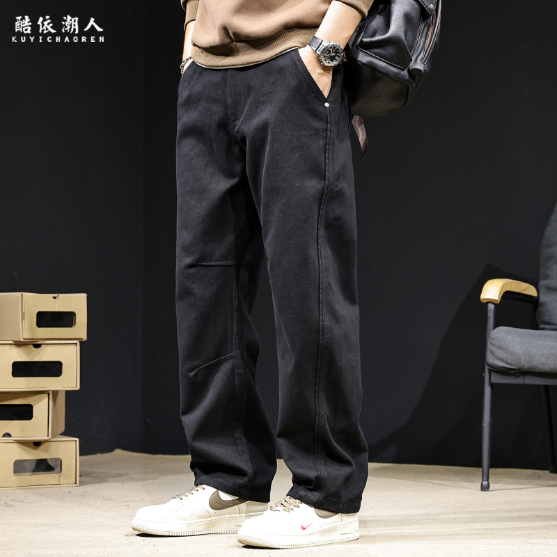 Muške casual hlače od 100% pamuka s ravnim krojem, fleece podstava, patchwork detalji, 2026 proljeće/jesen, opuštena linija, velika veličina, radni stil