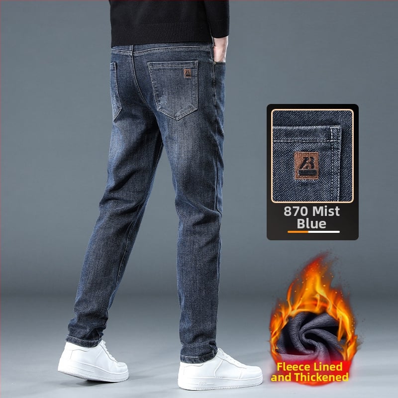 Vyriniai tiesūs džinsai su fleece pamušalu, storesnis džinsas, mikroelastinis, vidutinio juosmens (Žiemos 2025 leidimas)