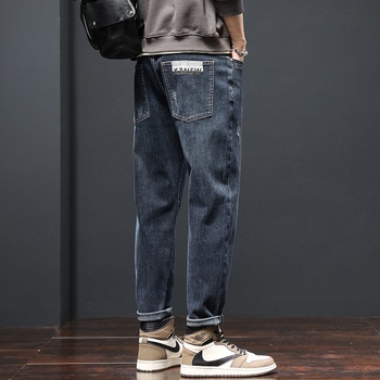 Blugi pentru bărbați din denim, căptușiți cu fleece, croială dreapta-taper, talie medie, fermoar, denim din bumbac