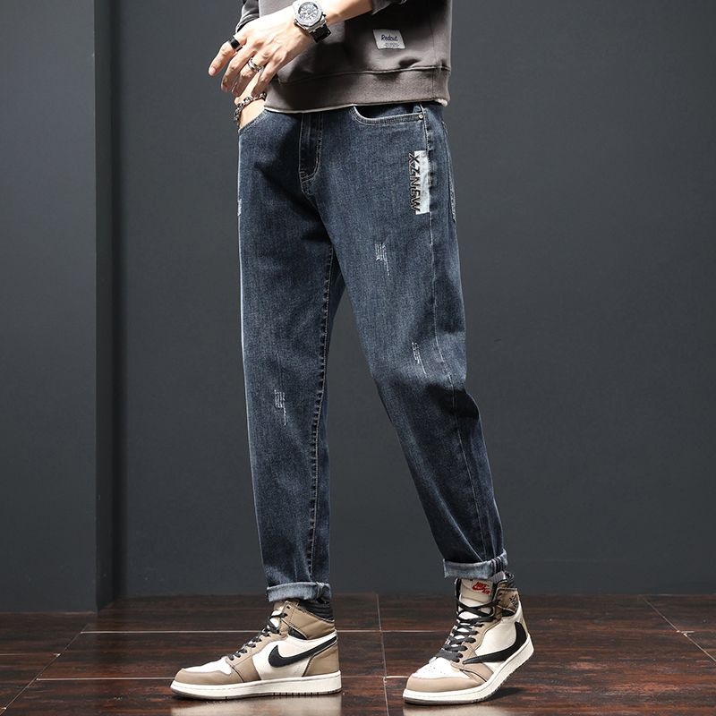 Blugi pentru bărbați din denim, căptușiți cu fleece, croială dreapta-taper, talie medie, fermoar, denim din bumbac