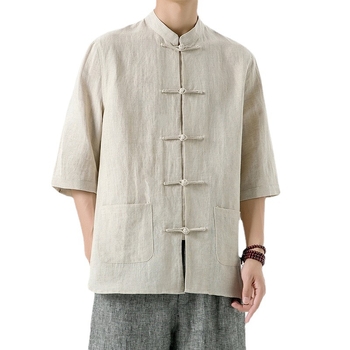 Muška košulja od pamuka, stojeći ovratnik, kratki rukav, labav kroj, japanski vintage stil