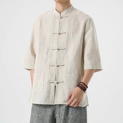 Muška košulja od pamuka, stojeći ovratnik, kratki rukav, labav kroj, japanski vintage stil
