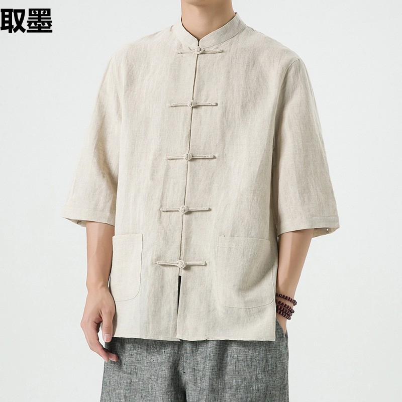Muška košulja od pamuka, stojeći ovratnik, kratki rukav, labav kroj, japanski vintage stil
