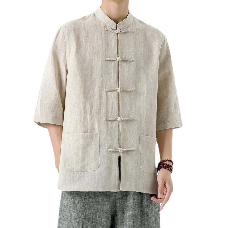 Muška košulja od pamuka, stojeći ovratnik, kratki rukav, labav kroj, japanski vintage stil