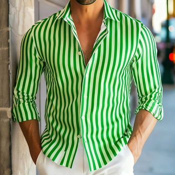 Muška prugasta košulja s dugim rukavima i reverom; poliester 91–95%, prozračna, upija vlagu