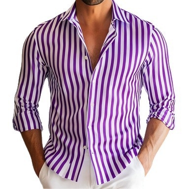 Muška prugasta košulja s dugim rukavima i reverom; poliester 91–95%, prozračna, upija vlagu