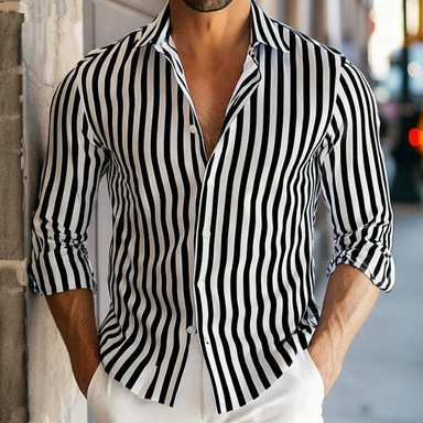 Muška prugasta košulja s dugim rukavima i reverom; poliester 91–95%, prozračna, upija vlagu