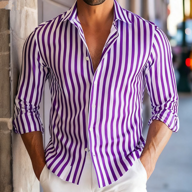 Muška prugasta košulja s dugim rukavima i reverom; poliester 91–95%, prozračna, upija vlagu