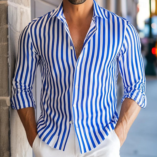 Muška prugasta košulja s dugim rukavima i reverom; poliester 91–95%, prozračna, upija vlagu