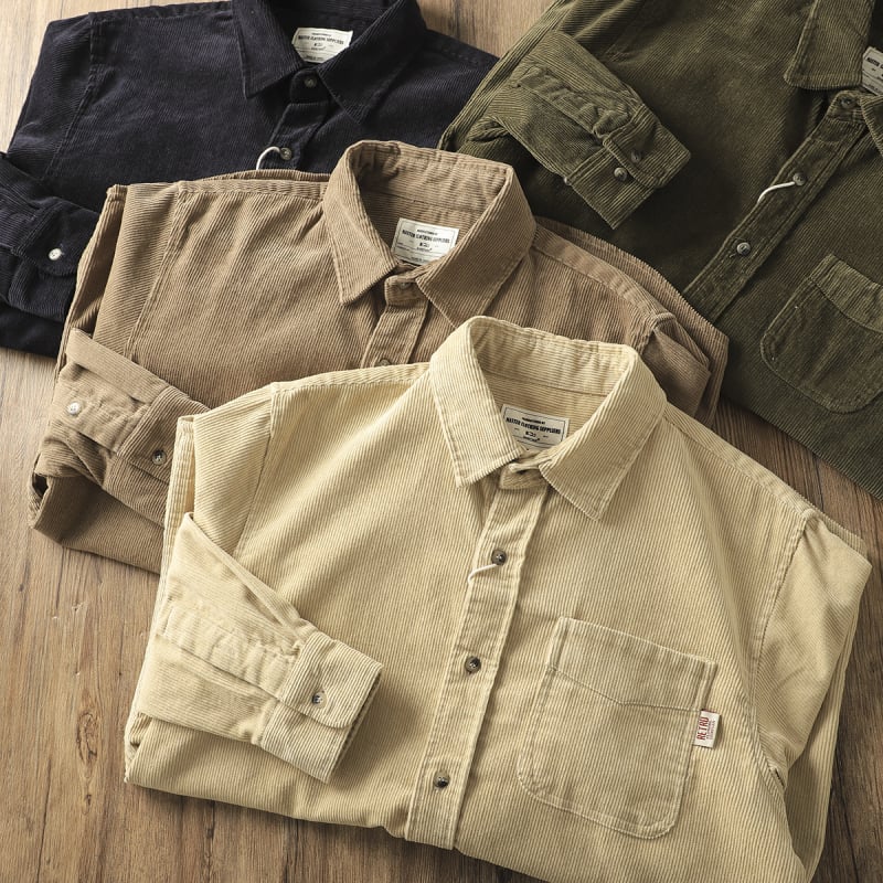 Meeste korduroyst särk – paks, vaba lõige, pikkade varrukatega, ühevärviline puuvillasegu 71–80%