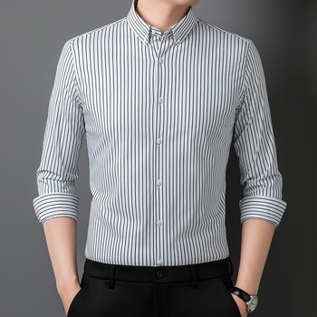 Meeste triibuline pikkade varrukatega särk, kõrge elastsus, kortsuvaba, kevad-sügise äriline igapäevane riietus