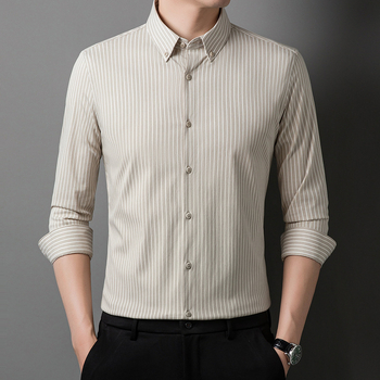 Meeste triibuline pikkade varrukatega särk, kõrge elastsus, kortsuvaba, kevad-sügise äriline igapäevane riietus