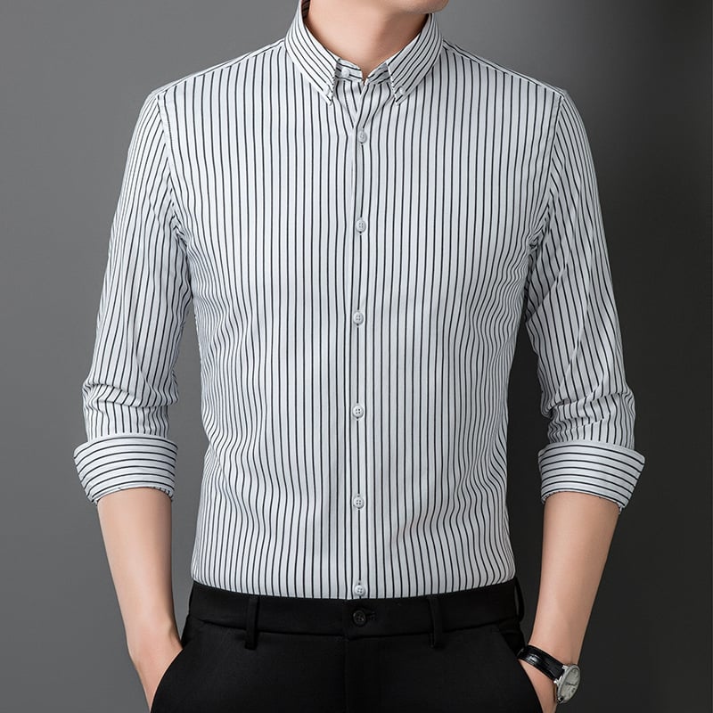 Meeste triibuline pikkade varrukatega särk, kõrge elastsus, kortsuvaba, kevad-sügise äriline igapäevane riietus