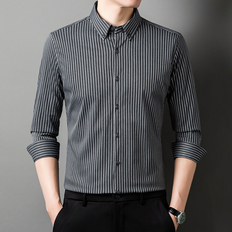 Meeste triibuline pikkade varrukatega särk, kõrge elastsus, kortsuvaba, kevad-sügise äriline igapäevane riietus