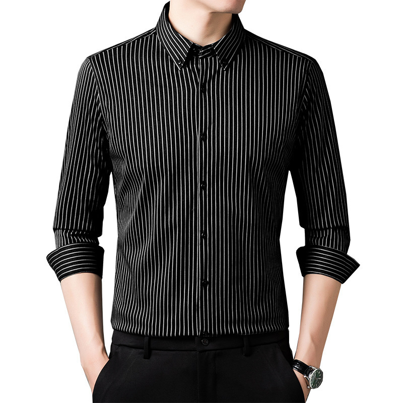 Meeste triibuline pikkade varrukatega särk, kõrge elastsus, kortsuvaba, kevad-sügise äriline igapäevane riietus